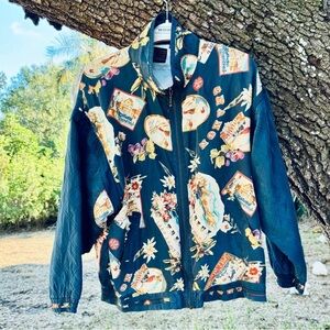 Vtg.100% Silk Blue full zip bomber with fun Switzerland novelty print.Size Large
